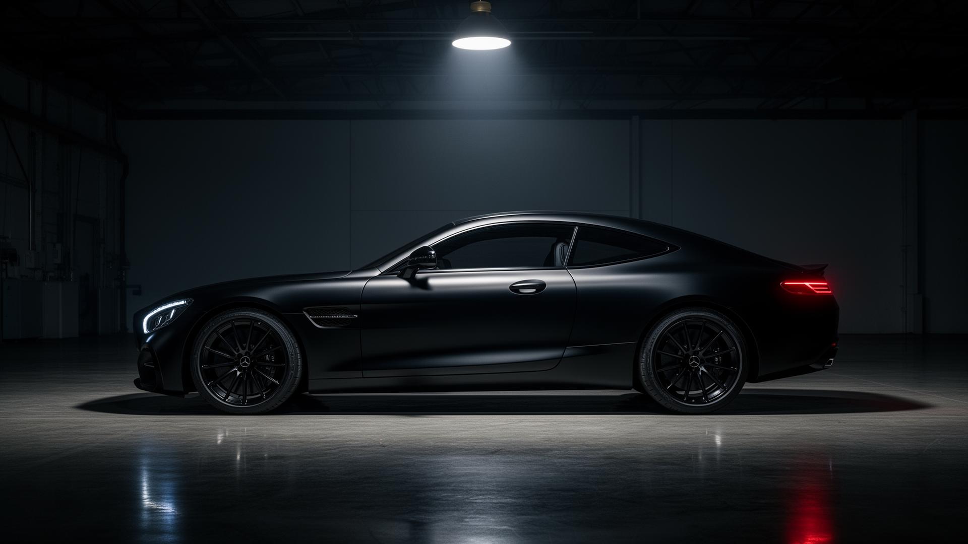 Black performance coupe in a cinematic automotive showroom